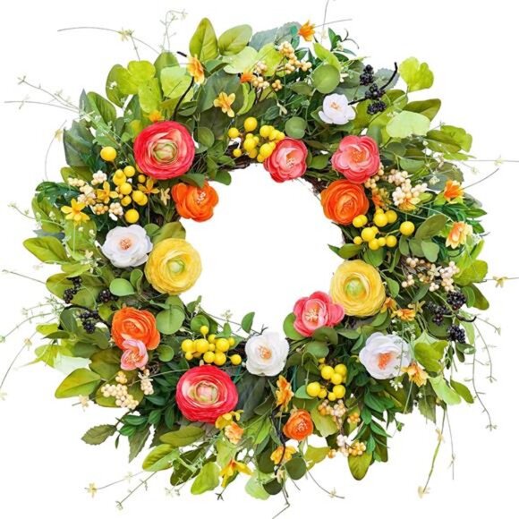 Spring Wreaths for Front Door, Summer Peony Outdoor Wreath, Green Floral - Picture 5 of 7